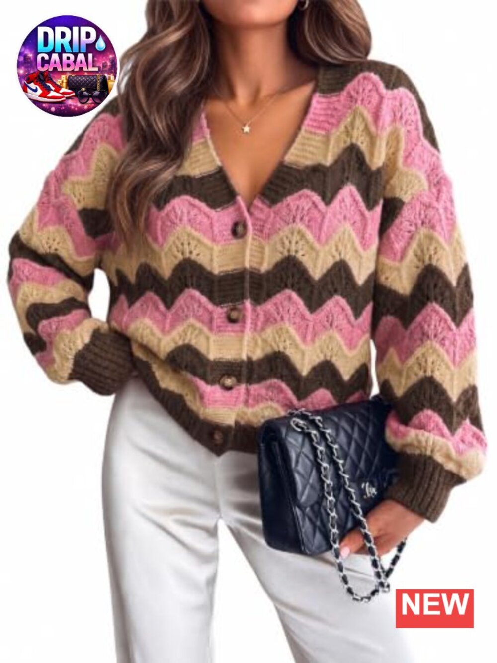 Oversized Striped Chunky Knit Cardigan Womens Button Down V Neck Long Sleeve
